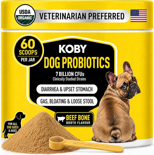 Koby Dog Probiotic Powder, 7B CFU with 8 Strains for Diarrhea, Sensitive Stomach & Gut Health, USDA Organic, Vet Developed, Bone Broth, 60 Scoops