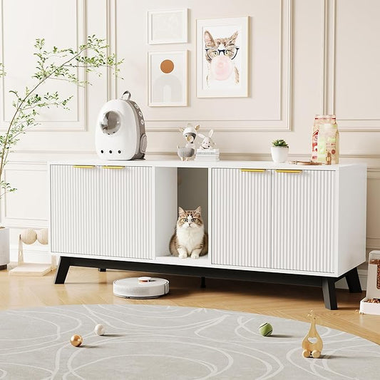 Garvee Cat Litter Box Enclosure for 2 Cats, 59" Hidden Litter Boxes Furniture with Cat Litter Mat, Large Indoor Pet House with Double Room, Wooden TV Stand Side Table, White
