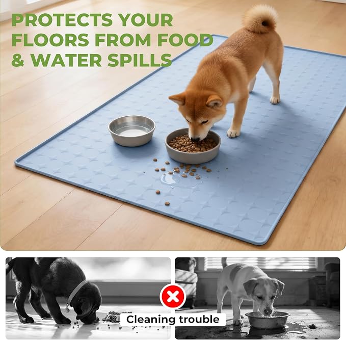 Extra Large 34x22 Inch Machine Washable Silicone Pet Food Mat - Waterproof Dog & Cat Bowl Mat with Raised Edge, Non-Slip Floor Protector for Large Dogs, Multi-Pet Homes (Blue)