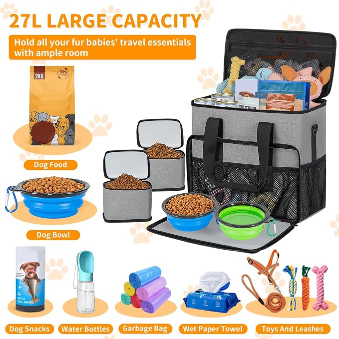 Dog Travel Bag,Large Pet Travel Bag for Supplies with 2 Food Container and Collapsible Bowls,Dog Travel Supplies Organizer Kit for Weekend,Road Trips,Camping