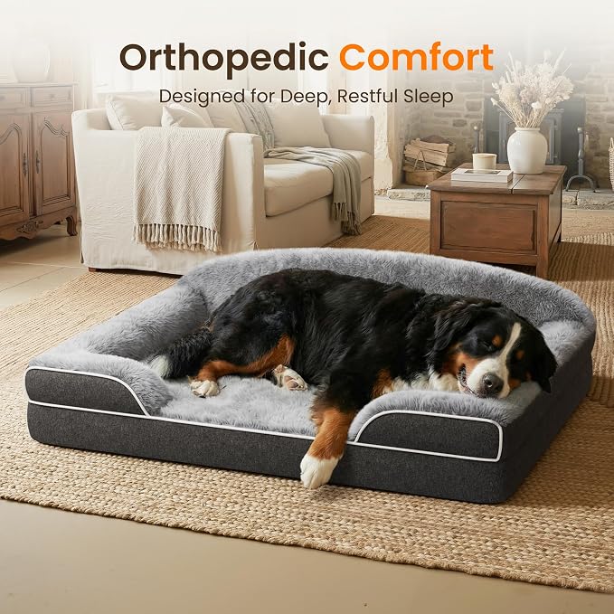 Orthopedic Dog Bed for Giant Breeds & Multiple Dogs, 53 x 42 Inch Waterproof Memory Foam XXXL Super Jumbo Dog Bed with Sides, Washable Removable Cover, Dark Grey