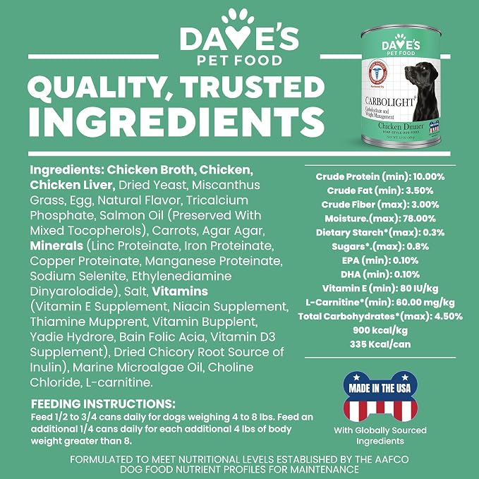 Dave's Pet Food Carbolight Carbohydrate & Weight Management for Diabetic Dogs Canned Dog Food, Chicken Dinner, 13oz can (12 Pack)