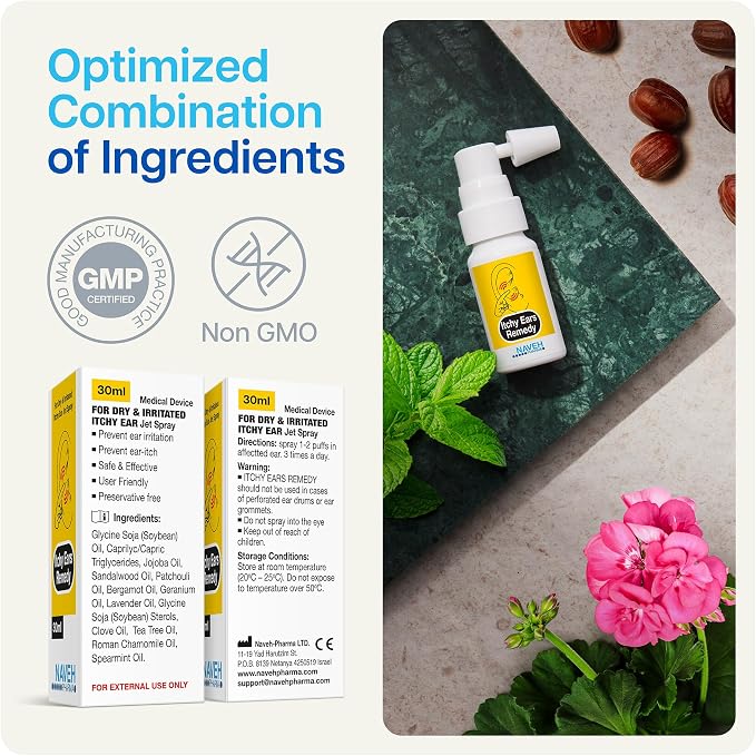 NAVEH PHARMA® Itchy Ears Remedy Ear Cleaning and Itch Relief — Moisturizing Spray for Dry-Feeling Ears, Cleanses & Soothes the Outer Ear, Gentle Daily Ear Hygiene, Spray Applicator (0.5 Fl Oz)
