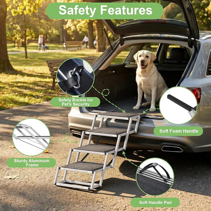 Dog Stairs for Car - Folding Dog Ramp 17" Wide, Portable & Lightweight Dog Steps with Non-Slip Surface & Aluminum Frame, Pet Stairs Supports up to 250 lbs, 4 Steps
