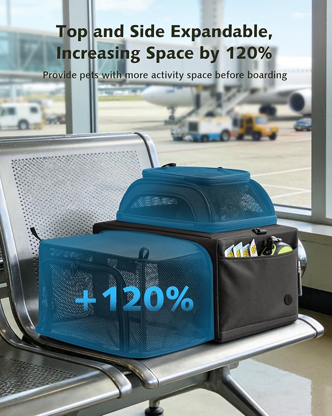 Pecute Top Side Expandable Pet Carrier Airline Approved Dog Cat Carrier, Breathable Soft-Sided with Locking Zippers, Pet Travel Bag for Small Dog Cat Leakproof Pee Pad ((Dark Gray)
