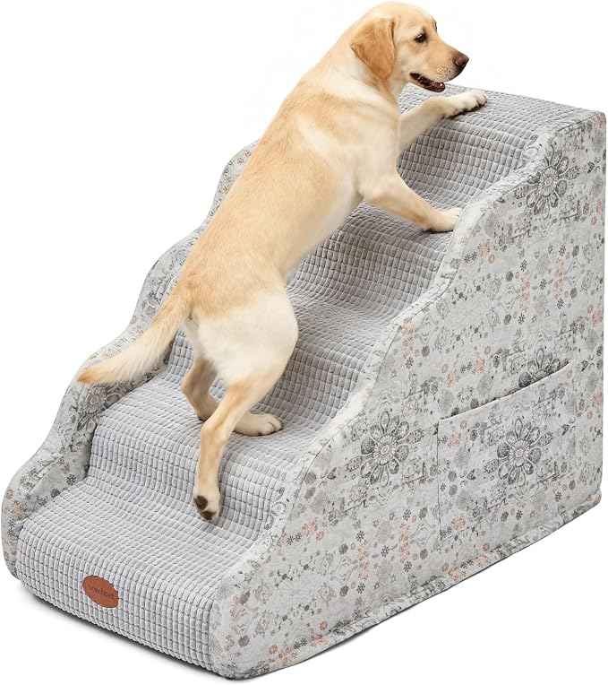 Woochpet Side Armrest Dog Stairs for High Beds Up to 26-30",5 Tier Wider Curved with Weighted Base Plate, Washable Cover Gentle Slope Steps, Bed & Couch Ladder for Small Medium Dogs & Senior Cat