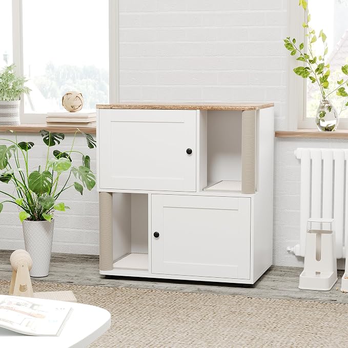 Cat Litter Box Enclosure, Two-Story Wooden Hidden Litter Box Furniture with Scratching Post, Multi-Level Cat Washroom Cabinet for 2 Cats, Reinforced Wood Frame & Ventilated Design for Small Apartment