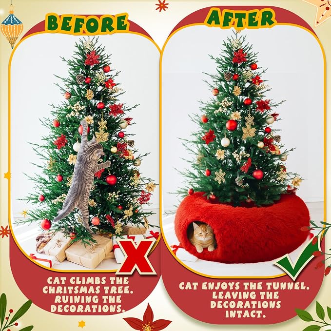 Thyle Christmas Cat Tunnel Bed Under Christmas Tree for Indoor Cats Xmas Pet Donut Tunnel with Cushion Foldable Round Pet Toy for Small Animals Kitten(3ft X 3ft X 9.8in,Red,Plush)