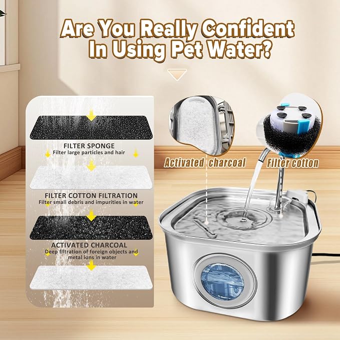 Cat Water Fountain.Stainless Steel Pet Water Dispenser Bowl: 108oz/3.2L.Quiet Pet Water Bowl Dispenser.with Ultra Quiet Pump and Faucet Water Level Window（with 4 Filters and Sponge）
