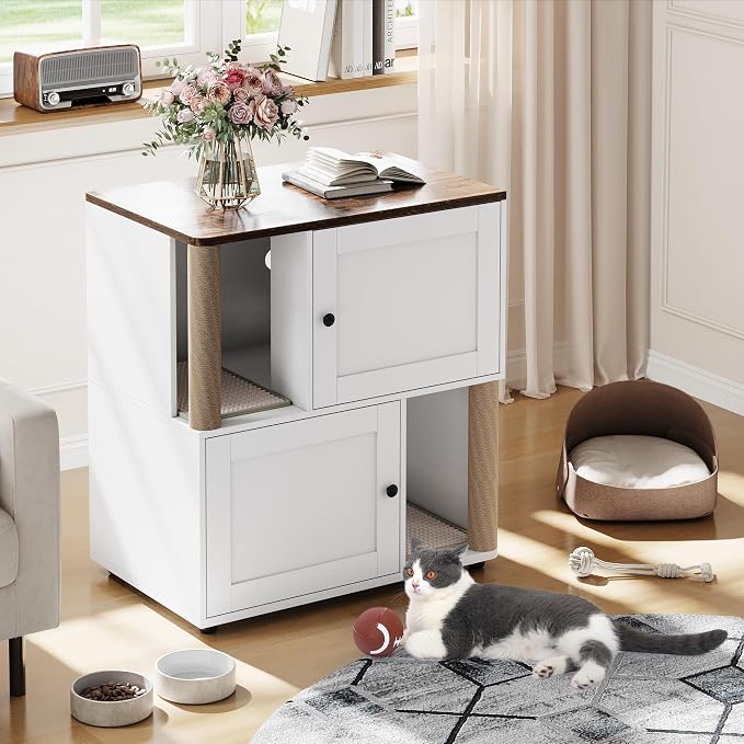 Patikuin Double Cat Litter Box Enclosure for 2 Cats – Hidden Cabinet, Dual Layers, 2 Mark Mats, Sisal Marking Post, Dog-Proof Modern End Table –White
