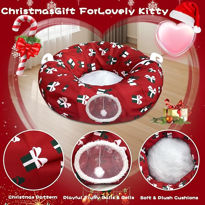 Cat Tunnel Bed Under Christmas Tree 3FT x 3FT x 9.8IN - Decorative Christmas Style with Box Patterns - Red Color Perfect for Festive Felines Small Animals