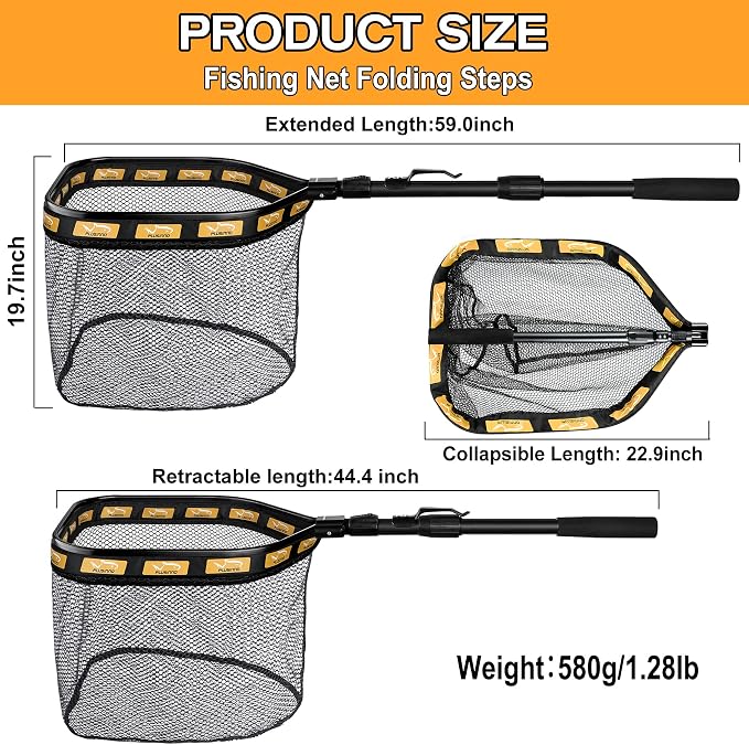 PLUSINNO Floating Fishing Net for Steelhead, Salmon, Fly, Kayak, Catfish, Bass, Trout Fishing, Rubber Coated Foldable Landing Net with Fixed or Telescoping Pole Handle, Fishing Gear and Gifts for Men