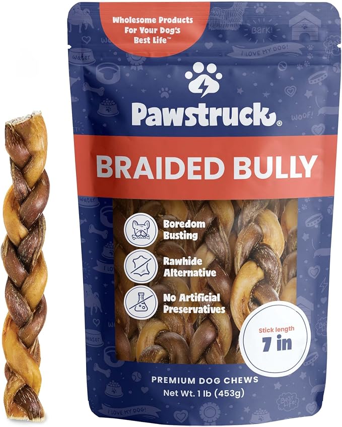 Pawstruck 100% Natural 7" Braided Bully Sticks 1 lb Bag - Long Lasting Rawhide Free Single Ingredient Dog Chews for Aggressive Chewers with Dental Health Support and High Protein