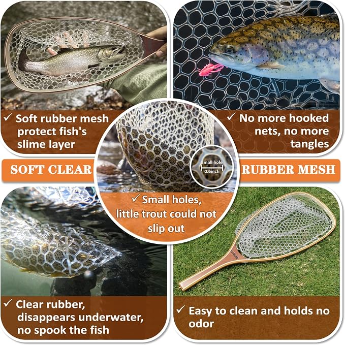 ONROCL Fly Fishing Net Trout Net with Magnetic Release and Rod Holder Wooden Frame Landing Net with Soft Rubber Mesh for Catch and Release (Clear Small Holes)