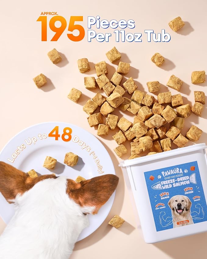Freeze Dried Salmon Dog Treats-100% Wild-Caught Single Ingredient, Whole-Cut Large Pieces–Grain-Free, High Protein Low Calorie, Omega-3 for Skin & Coat, Training Treats for All Dogs(11oz)