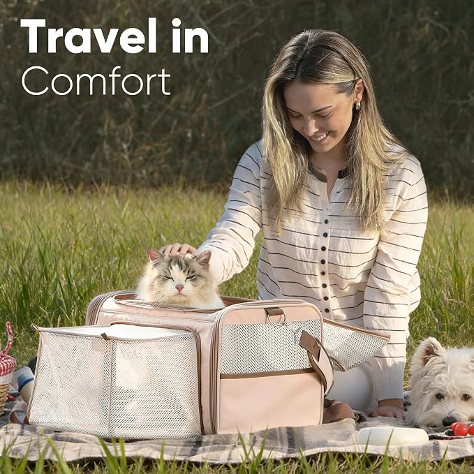 FUKUMARU Cat Carrier with Wheels, 18x11x11 Expandable Soft Cat Travel Carrier, Airline Approved Dog Carrier, Sturdy Rolling Cat Carrier with Anti-Scratch Mesh, Escape-Proof Pet Carrier for Cat, Pink