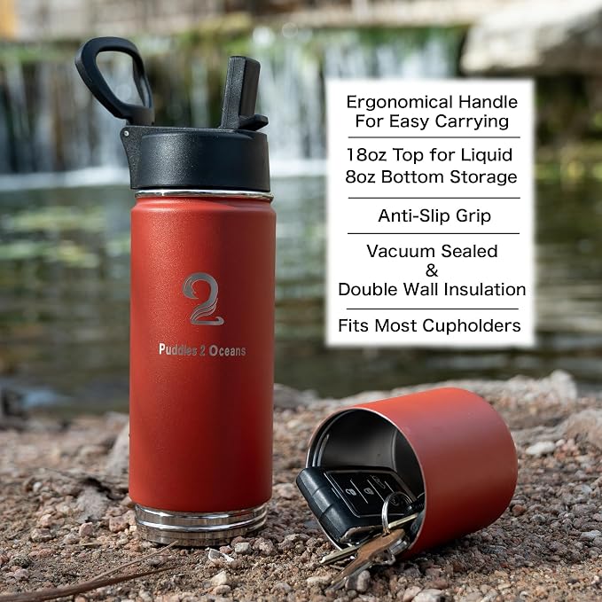 Insulated Water Bottle & Snack Container - Stainless Steel Water Bottle with Storage Compartment, 3 Lid Types BPA Free, Leak & Spill Proof Travel Bottle for Kids & Adults - Snack and Drink Cup