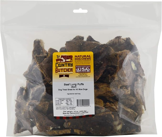 THE COUNTRY BUTCHER Beef Lung Dog Treats for Small, Medium and Large Breeds, Natural Chew, Made in the USA, 16 Ounce Resealable Bag - Rawhide Free, No Bone