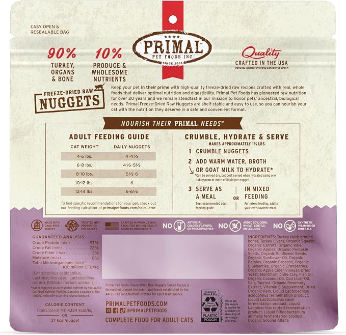 Primal Freeze Dried Raw Cat Food Nuggets Turkey, Complete & Balanced Meal or Topper, Premium, Healthy, Grain Free, High Protein Raw Cat Food with Probiotics (5.5 oz)