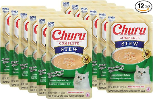 INABA Churu Complete Stew for Cats, Grain-Free, High Protein & Moisture, Wet Cat Food with Fish Oil, 1.76oz. Pouch, 12 Pouches, Chicken with Tuna Recipe