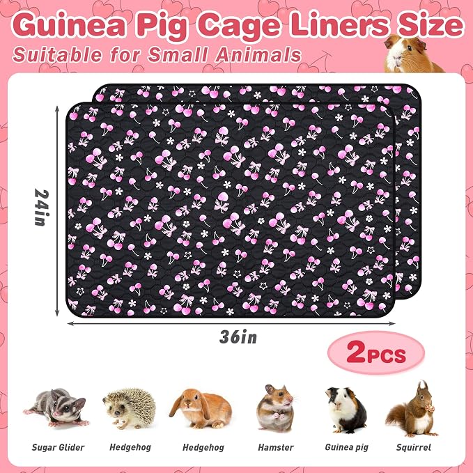2 Pack Waterproof Guinea Pig Cage Liner, 24" x 36" Washable Reusable Guinea Pig Liner, Super Absorbent Leak-Proof Pet Pee Pad Mats for Guinea Pigs Rabbit Chinchilla Bunny Hamster
