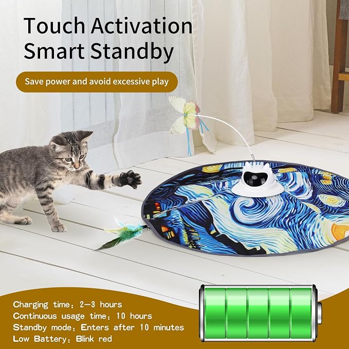 Interactive Cat Toy for Indoor Cats – Rechargeable Hide & Seek Toy for Bored Adult Cats, Touch Activated, Fluttering Feather & Butterfly, 360° Random Motion, Remote Control – Starry Night Design
