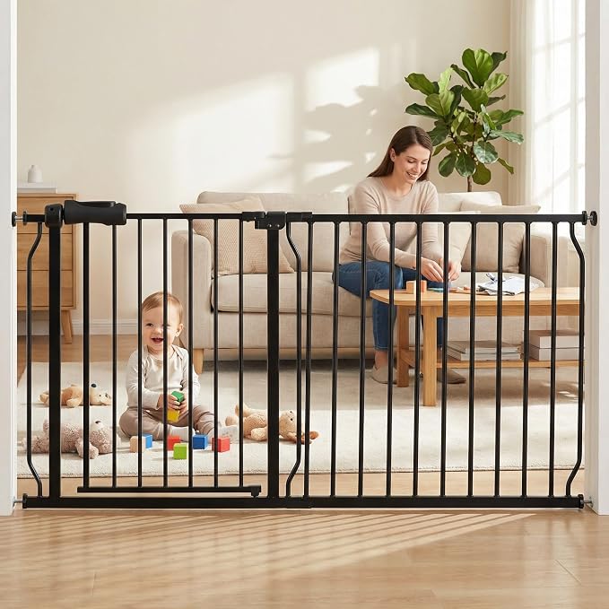 Extra Wide Baby Gate 57.48-62.2 Inch Tension Indoor Safety Gates or Stairs & Doorways,Black Metal Large Pressure Mount Pet Gate,Walk Through Dog Gate