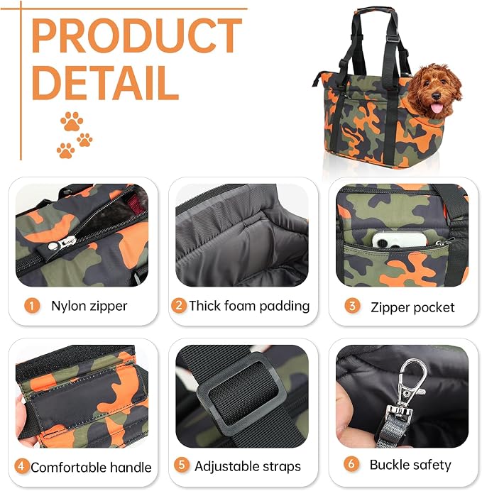 10mm Padded Tote Bag Carrier for Dog Cat Below 9 lb/4kg-Camouflage Orange
