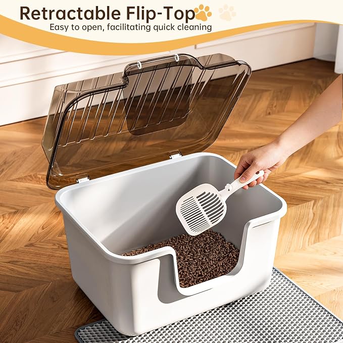 Oneluck Large Cat Litter Box with Lid and Sifting Mat, 24 Inch High Sided Enclosed Cat Litterbox for Indoor Cats, Translucent Hooded Design for Easy Cleaning, Extra Thick Plastic