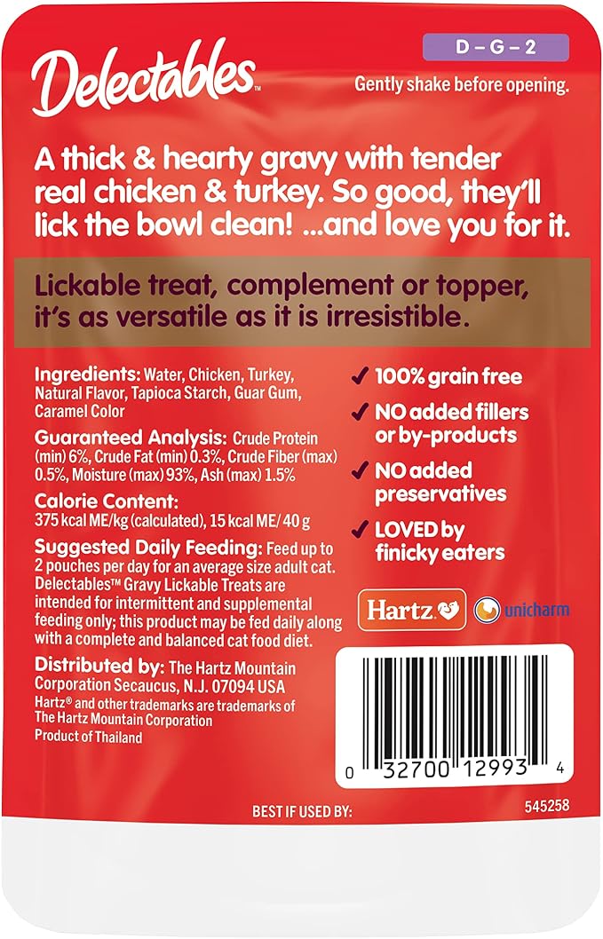 Delectables Lickable Treat Gravy Non-Seafood Wet Cat Treat with Real Chicken & Turkey, Food Topper, Hydrating, Grain-Free, No Fillers, By-Products, Added Preservatives, 1.4oz Pouch, 12ct