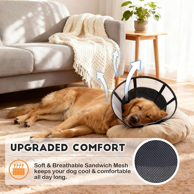 Extra Large Soft Dog Cone, 37cm / 14.5" Long Stop Licking Deep Pet Recovery Collar After Surgery, Clear Plastic Breathable Elizabethan Head Neck Circle, Adjustable Comfortable Cones (2XL Black)