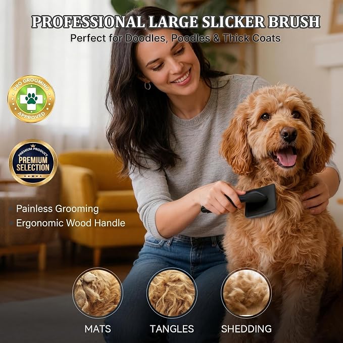 Slicker Brush for Dogs 4PCS- Lrage Dog Grooming Kit, Goldendoodle Labradoodle & Poodles with Detangling Comb for Haired Dogs, Matted Hair & Bath Massage Set, Black