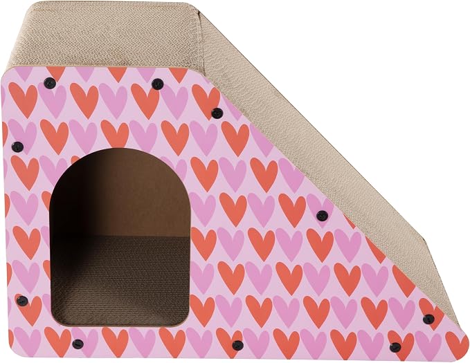 Kento 23.63" Modern Cardboard Cat Cave Scratcher with Catnip, Angled Trapezoid Hideaway House and Scratching Lounge for Indoor Cats, Heart Pattern CSR1008C