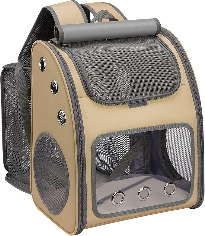 Expandable Pet Carrier Backpack for Cats, Dogs and Small Animals, Portable Pet Travel Carrier, Super Ventilated Design, Airline Approved, Ideal for Traveling/Hiking/Camping, Khaki