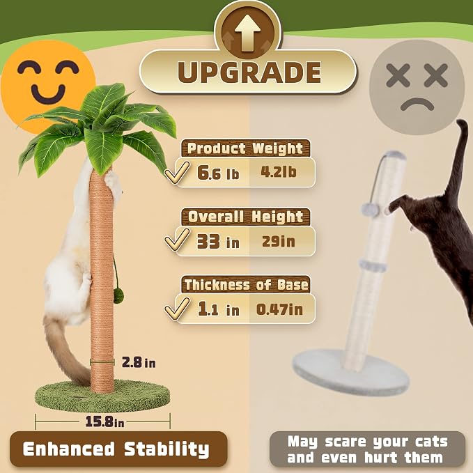 Meowoou Cat Scratching Post, 33 inch Tall with Sisal Rope, Tropical Style, Cute for Kittens