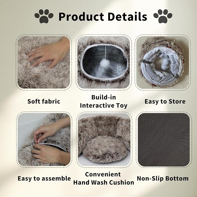 Cat Tunnel Bed for Indoor Cats with Washable Cushion Cat Cave Donut Tunnel with Fluffy Ball Big Round Tube Pet Playground Toys Soft Plush Peekaboo for Kitten, Cat, Puppy, Rabbit, Ferret（Brown）