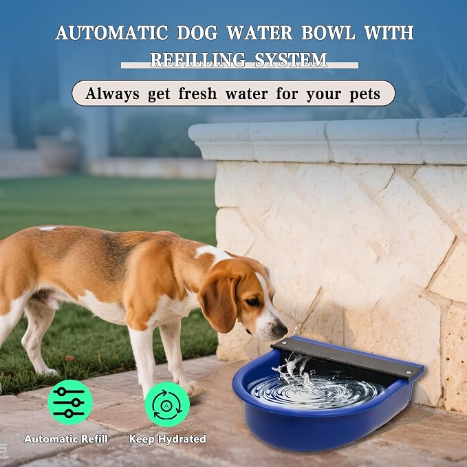 Automatic Water Dispenser for Dogs with Drain Hole & Drain Valve, 1 Gallon Auto Dog Water Bowl Outdoor with Float Valve, Hose Quick Connect Fitting, for Livestock, Chicken, Horse (Blue)