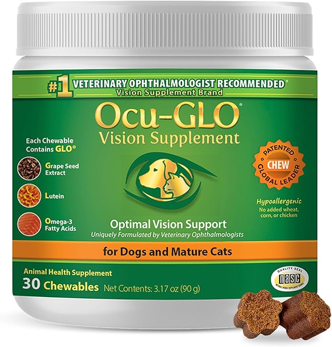 Ocu-GLO Cat & Dog Supplement for Eye Support - Chewable Vision Vitamins Supplements for Large and Small Pets Care with Lutein, Omega-3 Fatty Acids, Grape Seed Extract & Antioxidants