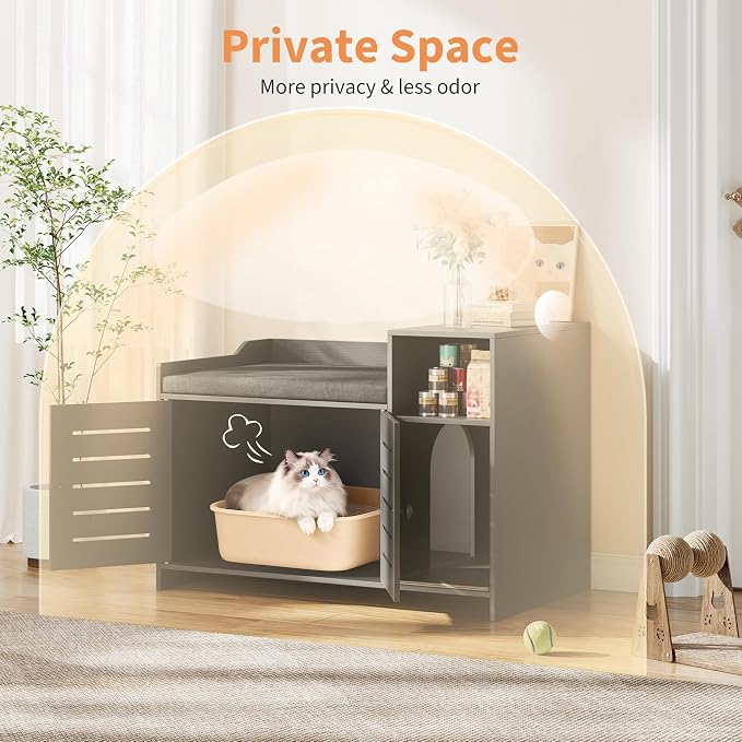 Patikuin Hidden Cat Litter Box Enclosure Cabinet with Mark Pad, Storage Shelf & Odor Control – Modern Farmhouse Indoor Cat House Furniture for Bedroom or Hallway – Black