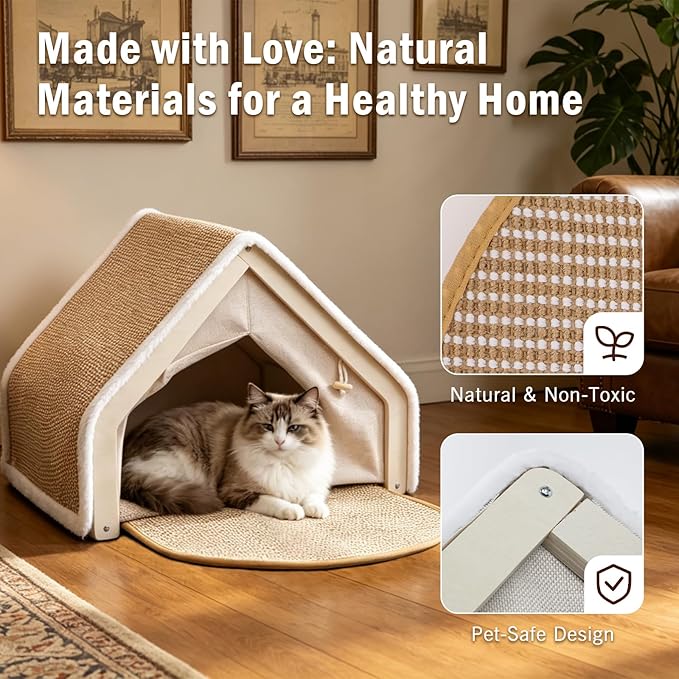 Cat Houses for Indoor Cats with Natural Sisal Scratcher Mat,Curtains,Bed and Floor Rug–Solid Wood Frame Cat Cave,Cat Scratch House