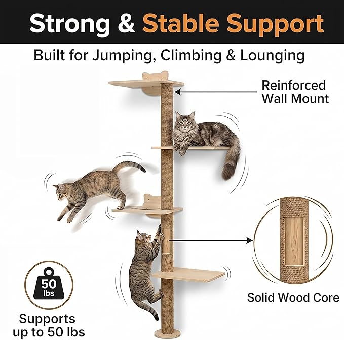 Cat Tree Wall Mounted,Tall Scratching Post for Indoor Cats Climbing Tower Activity Wood Cat Wall Furniture(Wood)