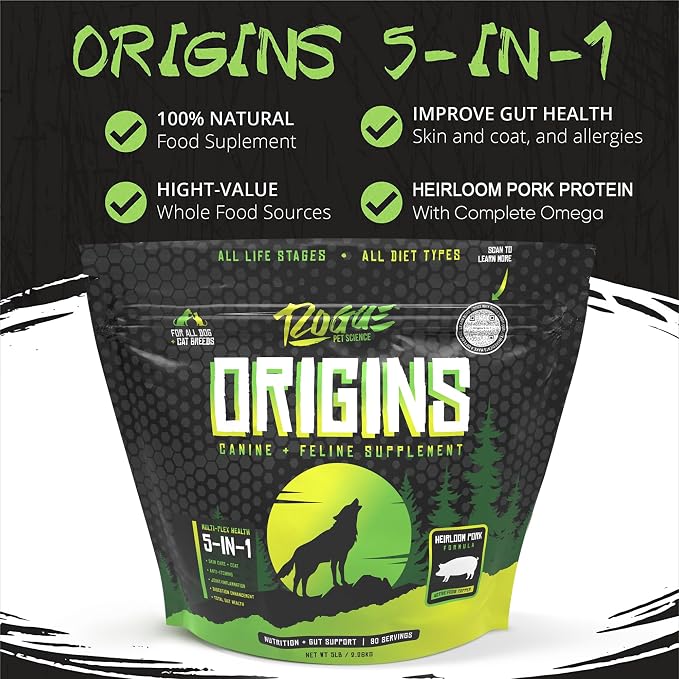 Rogue Pet Science Origins 5-in-1 Dog Supplement - Powdered Food Topper w/Natural Heirloom Pork Protein- Supports Healthy Digestion, Skin, and Coat - Helps Reduce Itching & Joint Inflammation (5 lbs)