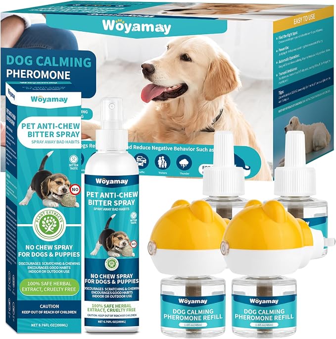 Woyamay No Chew Spray for Dogs 200ML + Dog Calming Diffuser with 2 Diffuser + 4 Refill 48ml - Bitter Apple Spray to Stop Chewing Licking of Furniture, 6-in-1 Dog Pheromone Diffuser Kit to Calm 120Days