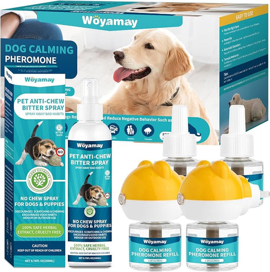 Woyamay No Chew Spray for Dogs 200ML + Dog Calming Diffuser with 2 Diffuser + 4 Refill 48ml - Bitter Apple Spray to Stop Chewing Licking of Furniture, 6-in-1 Dog Pheromone Diffuser Kit to Calm 120Days
