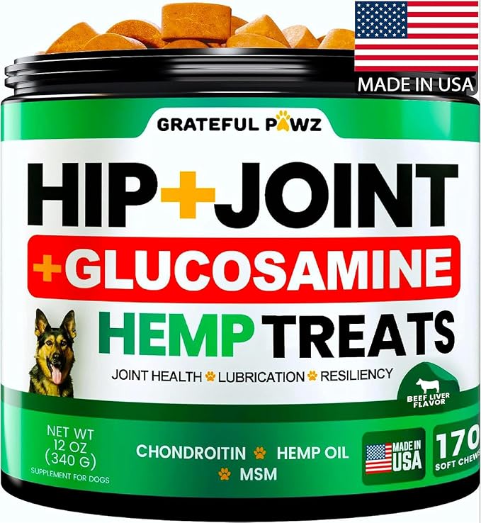 Grateful Pawz Hemp Hip and Joint Supplement for Dogs - Glucosamine for Dogs - 160 Joint Pain Relief Treats - Chondroitin, MSM - Advanced Health Supplement - Beef Liver Flavor - Made in USA