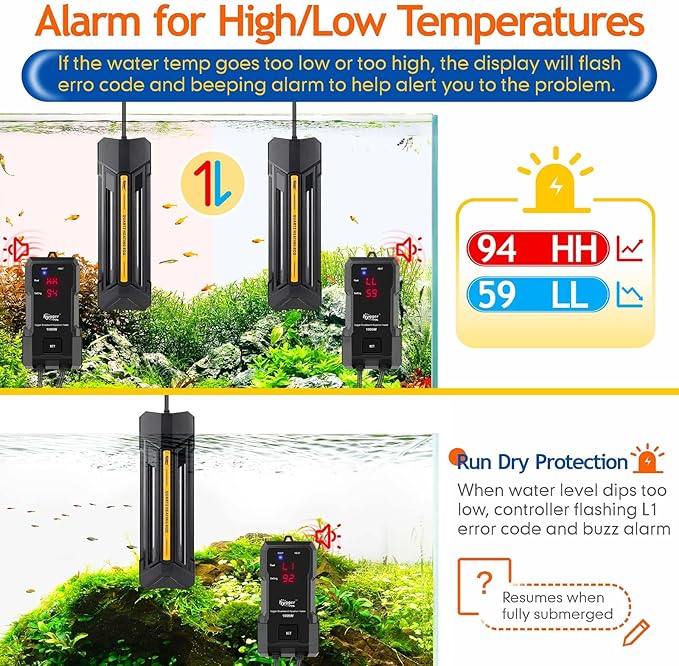hygger 1000W Aquarium Heater with Controller, Adjustable & Submersible Fish Tank Heater with Digital Display Safety Triple Protection Beeping Alarm for Saltwater and Freshwater 130-260 Gallon
