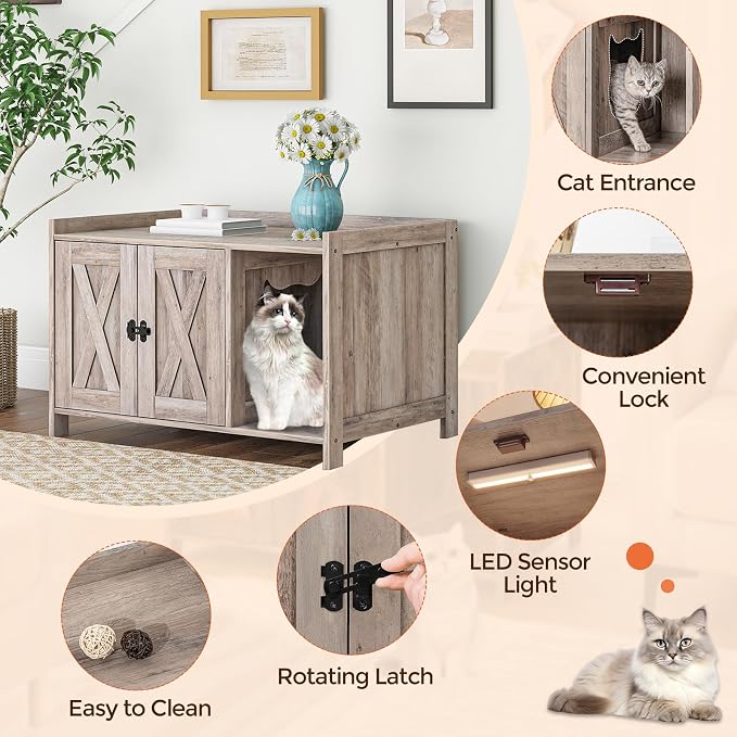 MAHANCRIS Cat Litter Box Enclosure, Hidden Litter Box Furniture with Divider, Indoor Cat House, Wooden Cat Washroom Storage Cabinet Bench, Side End Table Nightstand, Greige CWHG2501Z