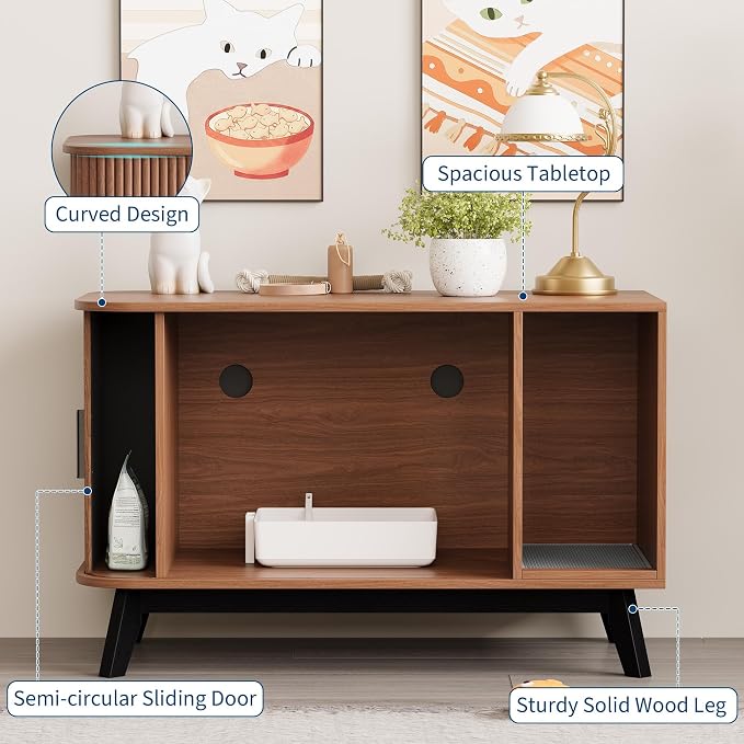Garvee Cat Litter Box Enclosure, 39" Litter Box Enclosure Furniture Hidden Litter Box with Cat Litter Mat and Sliding Door, Modern Indoor Cat House, Side End Table for Living Room, Walnut
