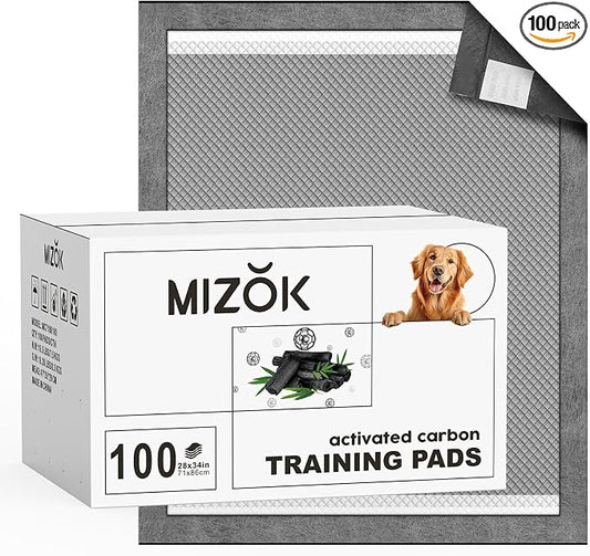 MIZOK Dog Pee Pads Large 28x34in Charcoal Pee Pads for Dogs Activated Carbon Odor-Control Absorbs Up to 8 Cups of Urine, 6-Layer Leak-Proof (100 Counts)