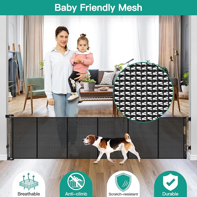 24 Inch Tall x 150 Inch Extra Wide Retractable Dog Gate for The House, Short Baby Gate to Step Over, Reinforced Mesh Puppy Gate for Doorways, Step Over Pet Gate for Stairs, Indoor/Outdoor, Black